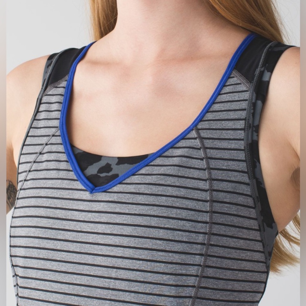 #54 Lululemon Set Super Sport Tank/Pant Sz 6
Parallel Stripe Heathered Slate Blk - Picture 3 of 11